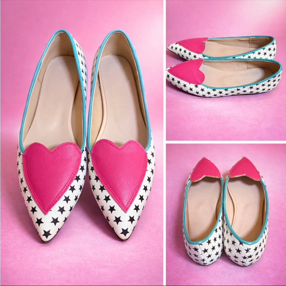 Custom Star Print Pointed Flats | Pink Heart Toe | Size 6 | Statement Shoe